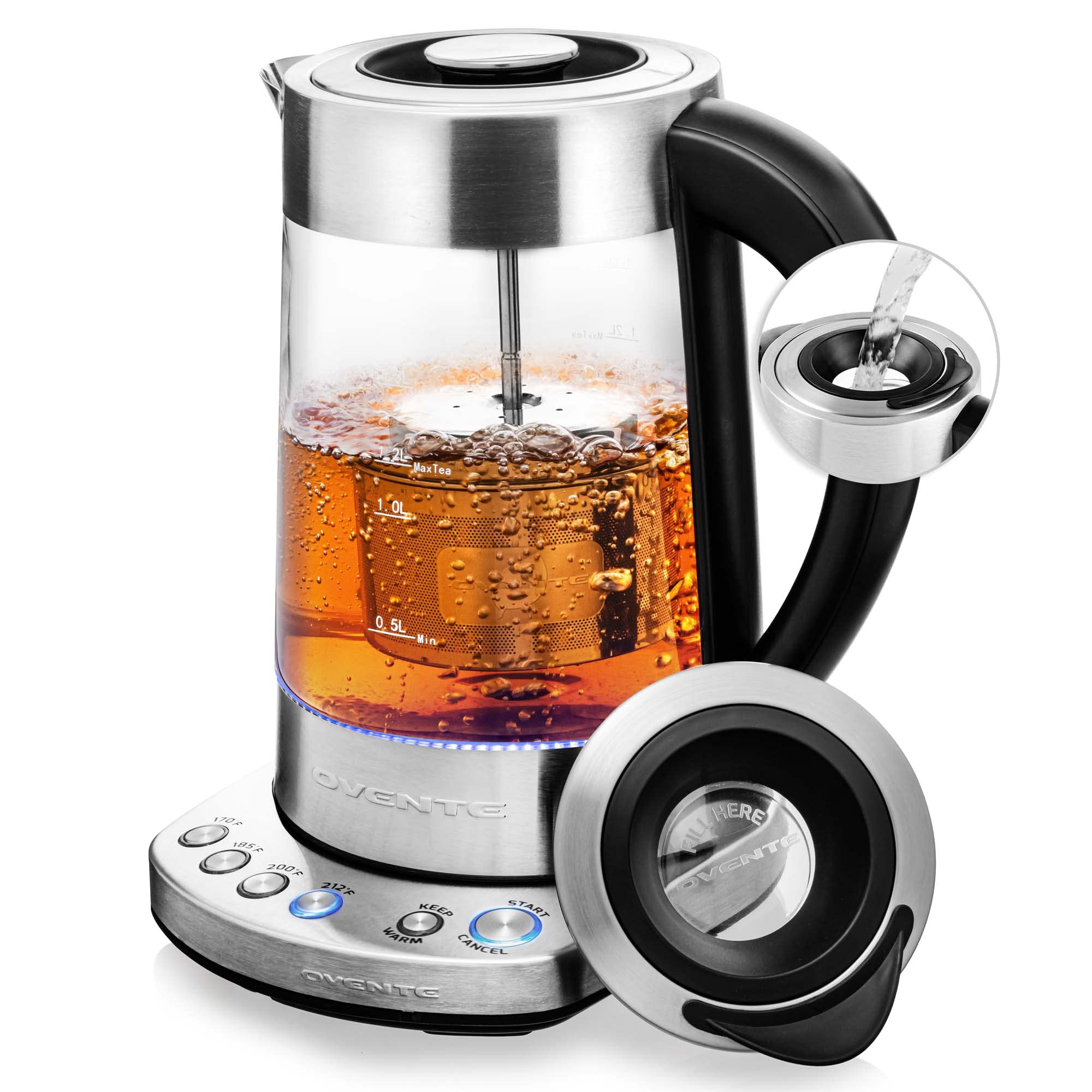 OVENTE 1.7L Electric Tea Kettle with Removable Infuser, Variable Temperature Control, Keep Warm Function, 1500W Fast Heating Water Boiler, BPA Free Borosilicate Glass & Easy to Fill Lid, Silver KG733S product image