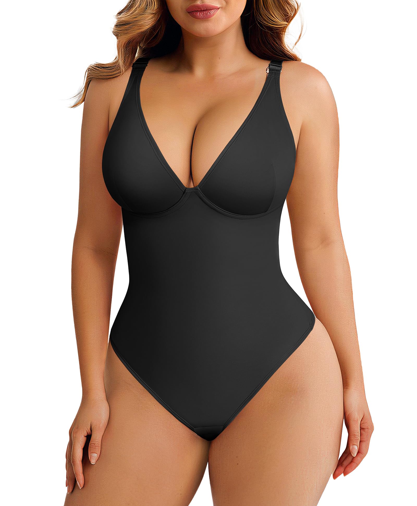 FeelinGirl Shapewear Bodysuits for Women Tummy Control Body Suits Deep V Neck Thong Body Shaper product image
