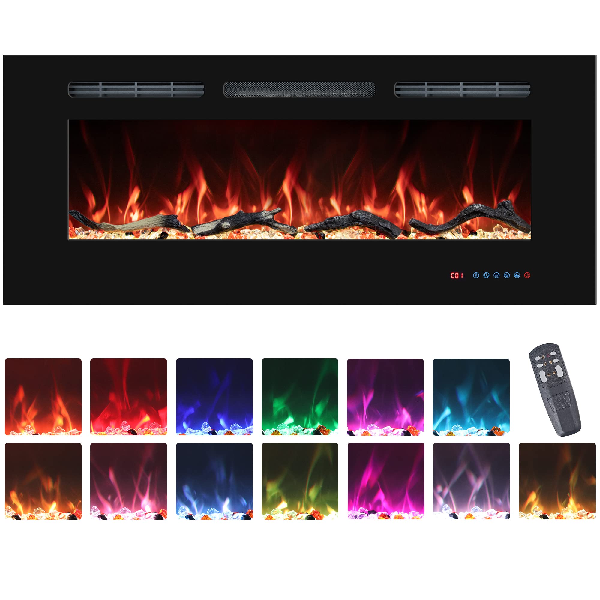 30" Electric Fireplaces Inserts, Recessed & Wall-Mounted Fireplace Heater with Thermostat, Multicolor Flames,Timer, Log & Crystal, 750/1500W product image