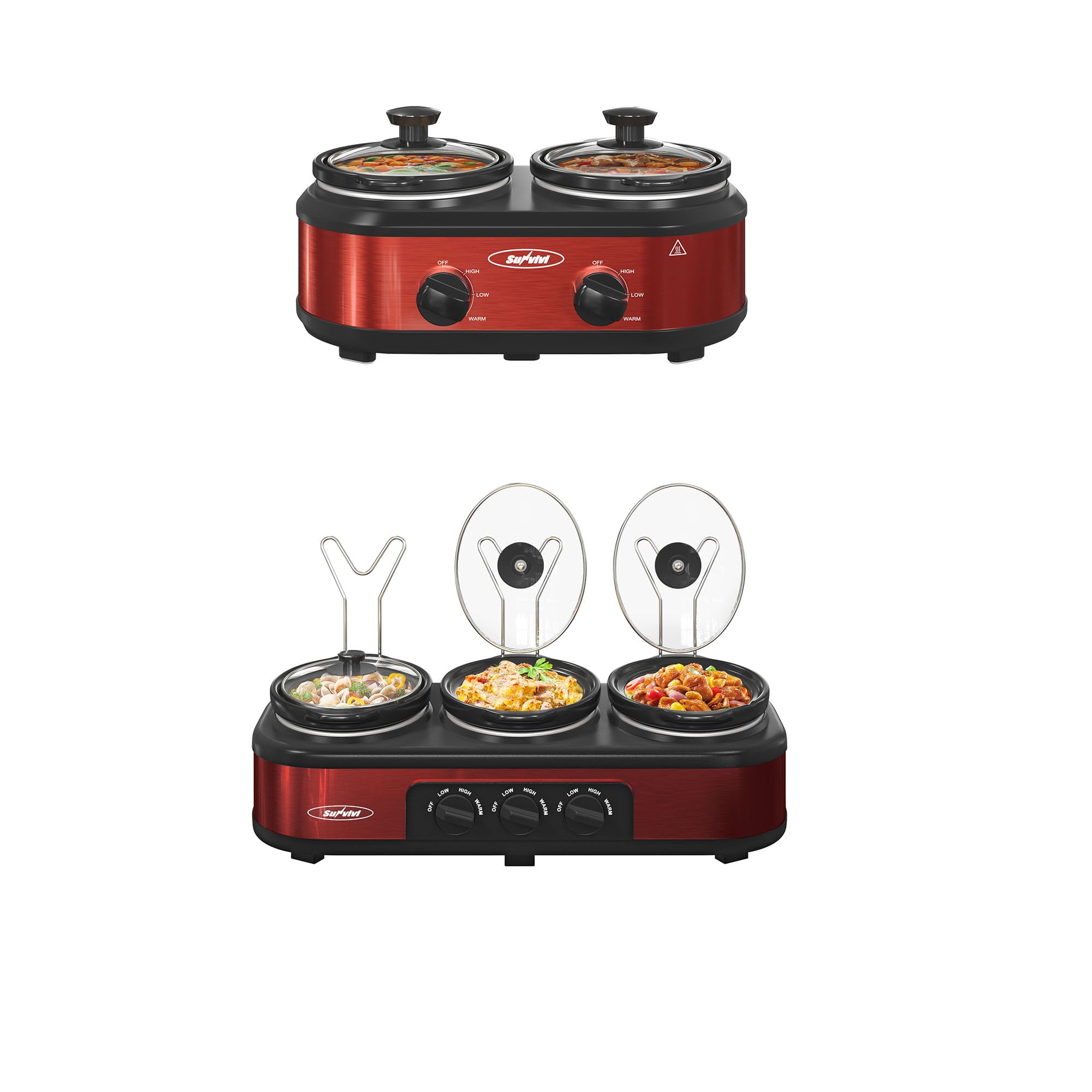 Sunvivi Triple & Double Slow Cookers, Buffet Servers and Warmer, Mini Manual Slow Cooker with Adjustable Temp, Stainless Steel Lid, Removable Ceramic Pot, Red product image