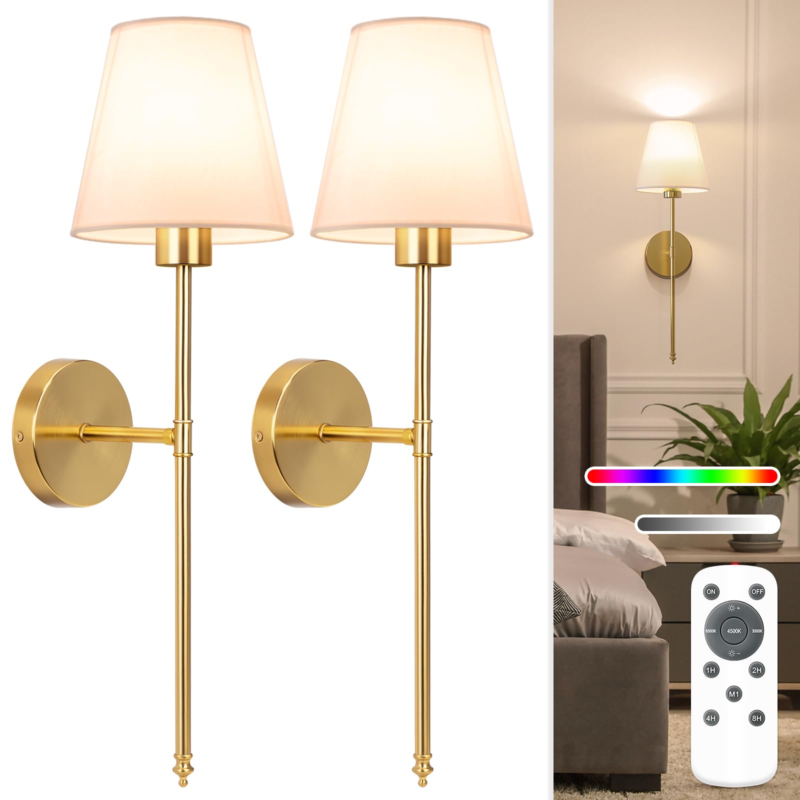 NIORSUN Battery Operated Wall Sconce Set of 2,Gold Rechargeable Wall Lights with 5200mAh Dimmable Bulbs and Remote,10 Colors Wireless Wall Lamps for Bedroom Living Room Hallway Decor product image