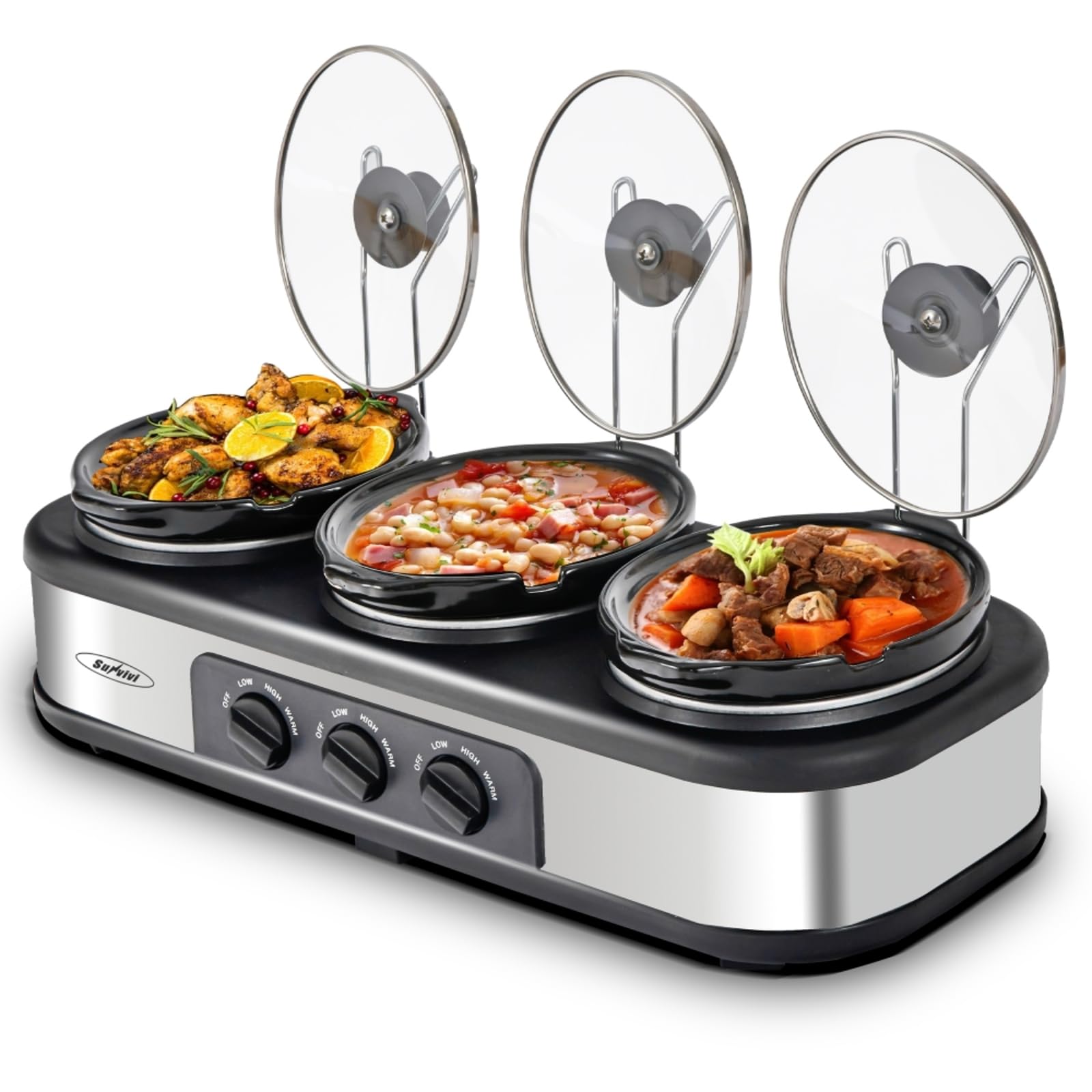 Silver 4.5 QT Electric Small Slow Cookers Portable Crock Pot 1.5 Quart Triple Slow Cooker For Buffet product image
