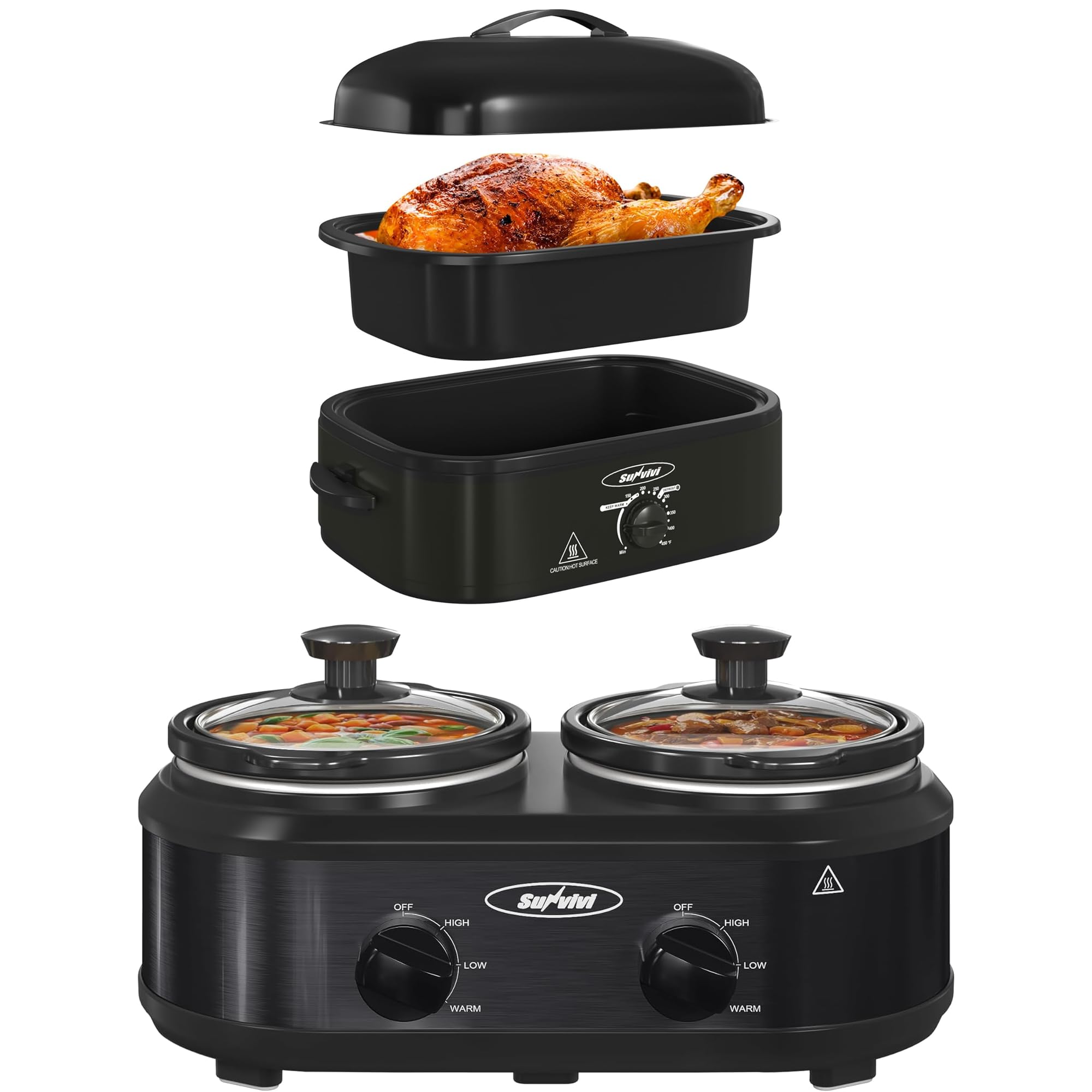 Sunvivi 14-Quart Electric Roaster Oven with Self-Basting Lid And Double Slow Cooker,Turkey Roaster Oven with Removable Pan and Rack,2 Pot Small Mini Crock Buffet Servers and Warmer. product image