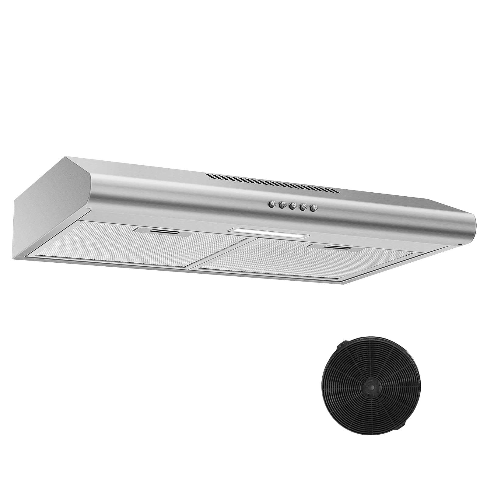 24 inch Range Hood Under Cabinet, Stainless Steel Range Hood 280CFM, Slim Kitchen Stove Hood w/Push Button, Ducted/Ductless Convertible, 3 Speeds Exhaust Fan, LED Light and Carbon Filter product image