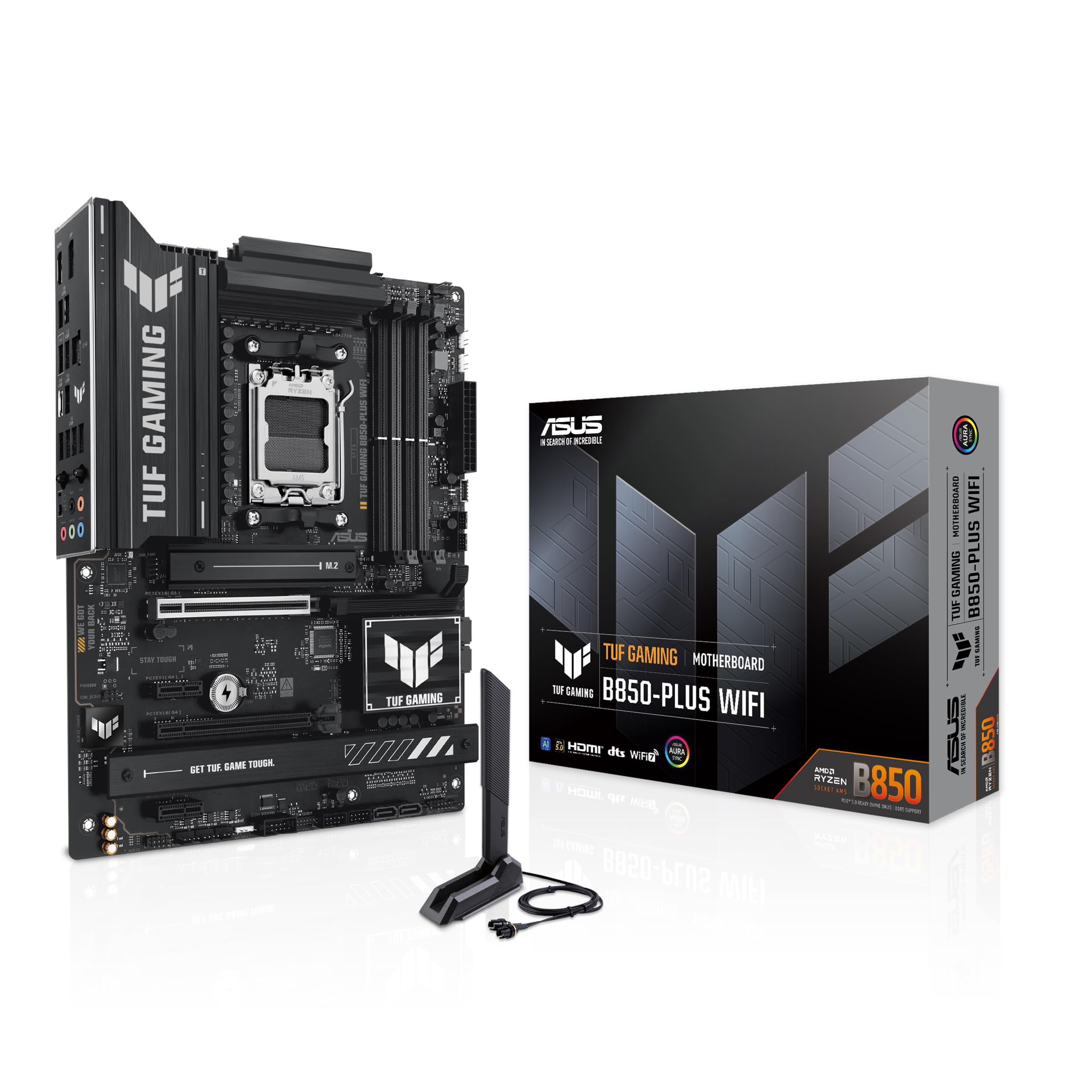 ASUS TUF Gaming B850-PLUS WiFi AMD AM5 B850 ATX Motherboard, 14+2+1 80A Stages, AI Ready, DDR5, PCIe 5.0, 3X M.2, Wi-Fi 7, 2.5Gb LAN, DisplayPort, HDMI™, USB 10Gbps & 20Gbps Type-C®, BIOS Flashback™ product image