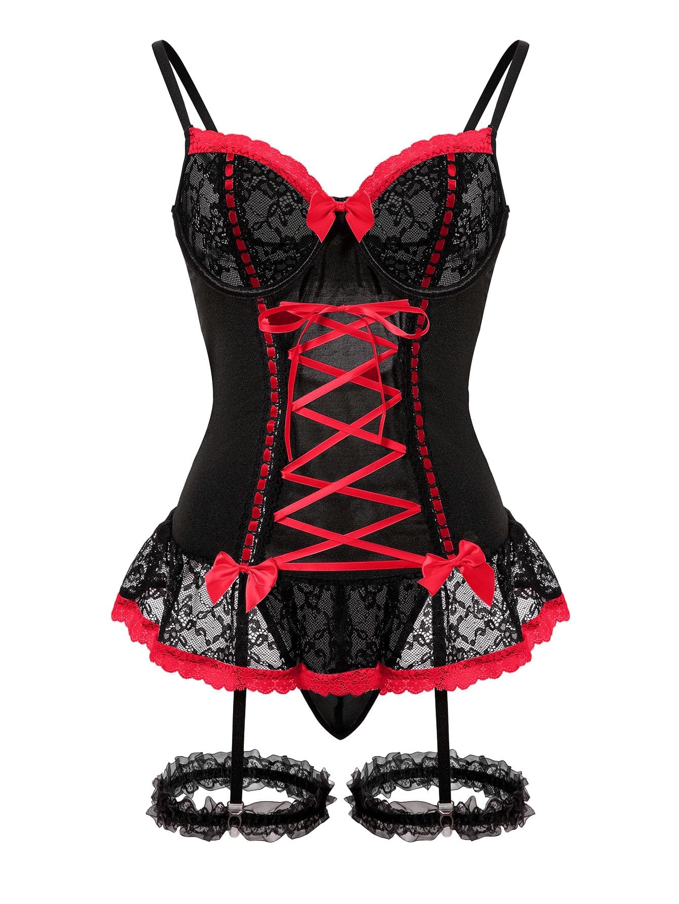 Foxiny Sexy Mesh Corset Ruffle Lace Up Underwire Sheer Garter Belt Babydoll Lingerie Set With Thong 3 Piece Women product image
