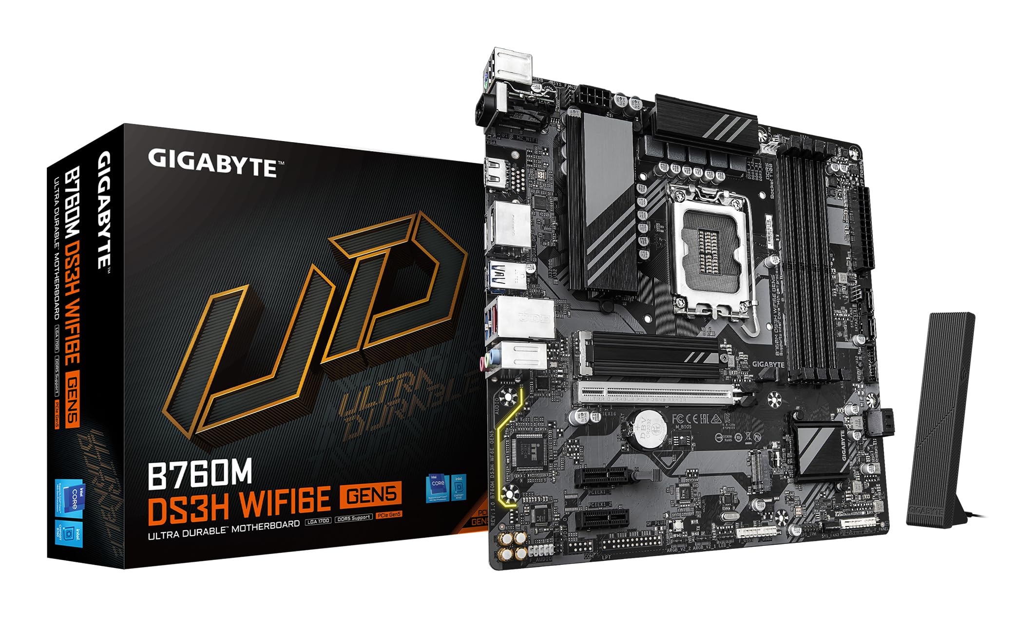 GIGABYTE B760M DS3H WIFI6E GEN5 Motherboard - Supports 14th Gen Intel Core Processors, 6+2+1 Phase Digital VRM, up to 5600MHz DDR5, 2x PCIe 4.0 M.2, Wi-Fi 6E, 2.5GbE LAN, USB 3.2 Gen2 product image