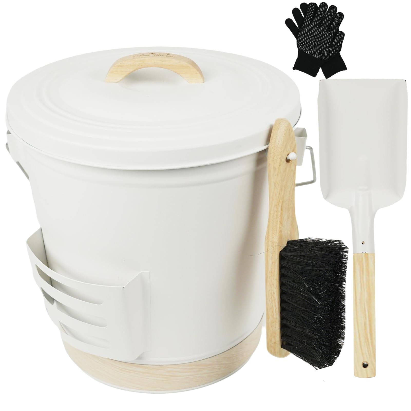 Ash Bucket with Lid and Shovel, Hand Broom and Stick, 5.2 Gallon Large Metal Ash Bucket for Fireplace Tools Set, Fire Pits, Wood Burning Stoves, Indoor and Outdoor, Camping, Grill, Cream White product image