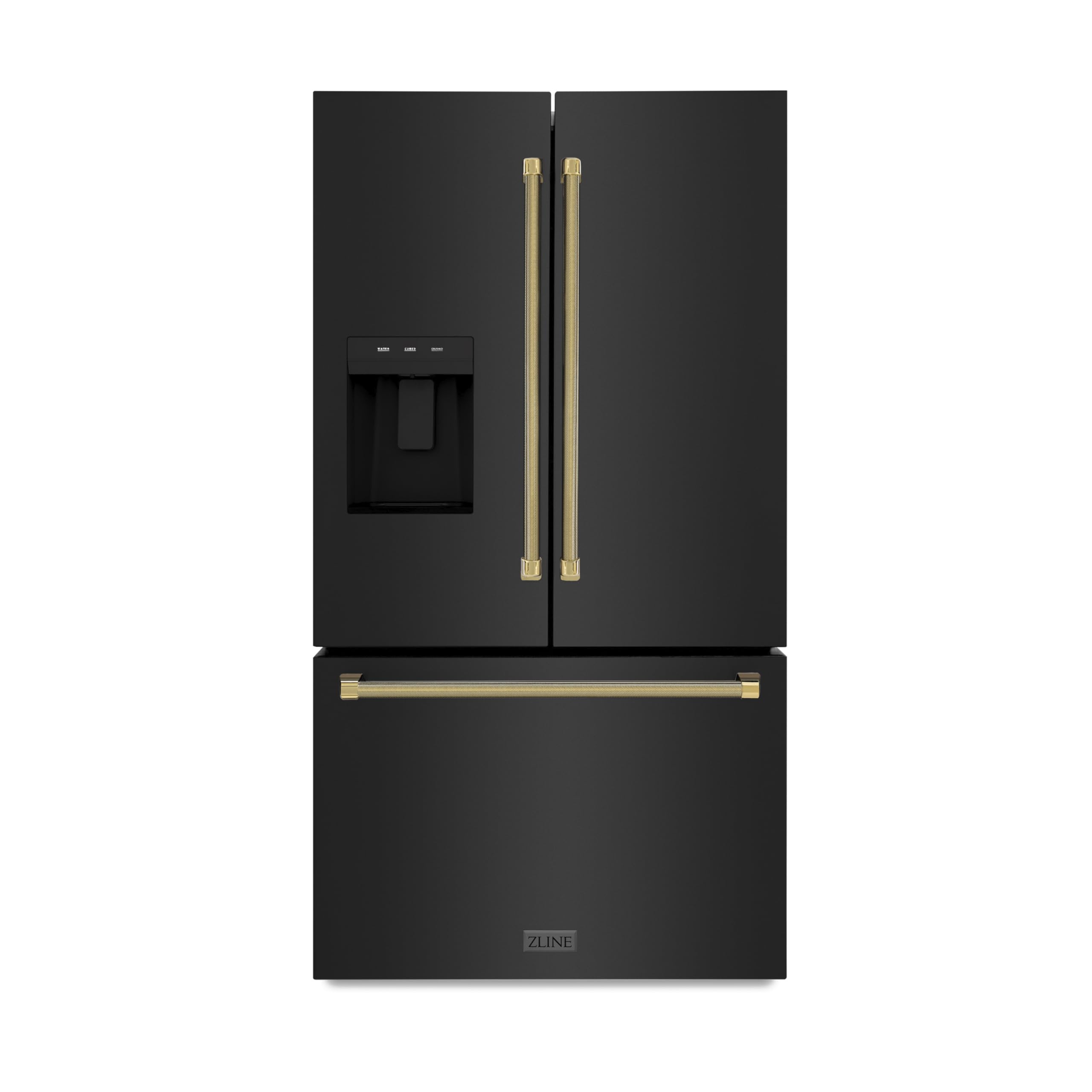 ZLINE Autograph Edition 36 in. 28.9 cu. ft. Standard-Depth French Door External Water Dispenser Refrigerator with Dual Ice Maker in Fingerprint-Resistant Black Stainless Steel and Gold Helix Handles product image