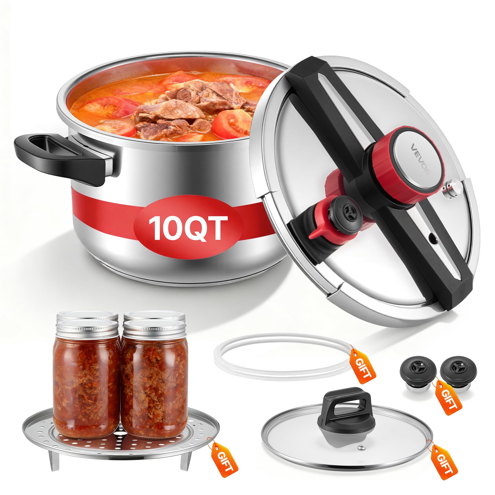 VEVOR Pressure Cooker, 10Qt Pressure Cooker Stainless Steel, Pressures Canner with Steaming Rack, Tempered Glass Lid, Three Pressures Settings for Meat, Beans, Rice, Soup, Sauces, Cook up to 100 kPa product image