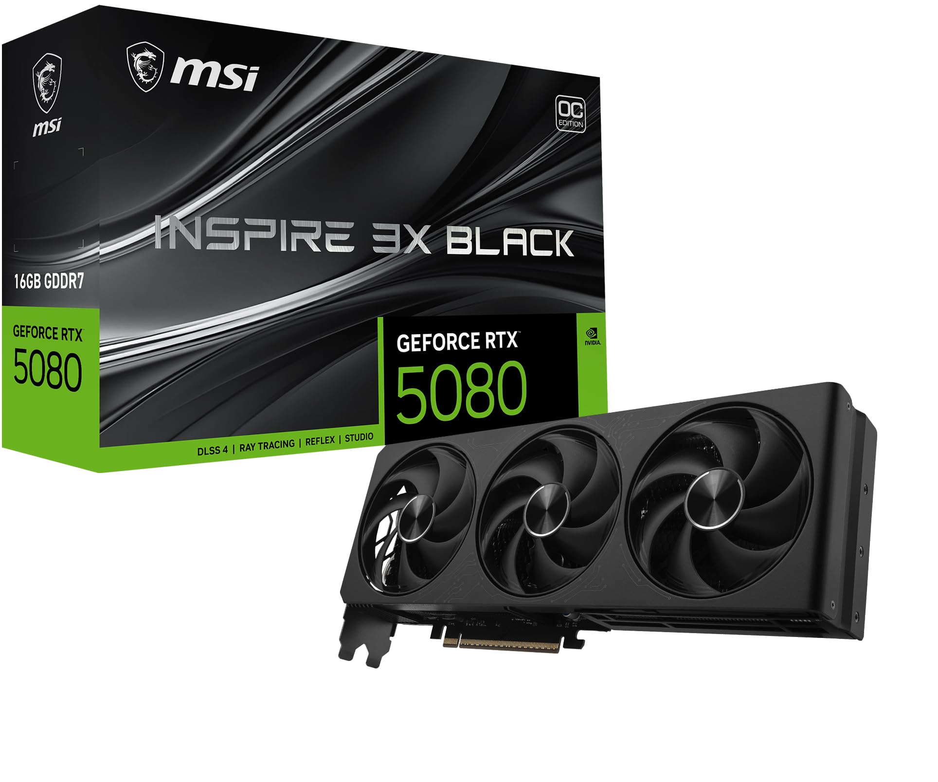 msi Gaming RTX 5080 16G Inspire 3X OC Black Graphics Card 16GB GDDR7, 256-bit, Extreme Clock 2655 MHz, DisplayPort x 3 2.1a, HDMI 2.1b, NVIDIA Blackwell Architecture product image